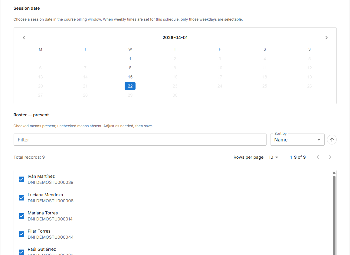 Attendance and class assistance screen in Escuelas360